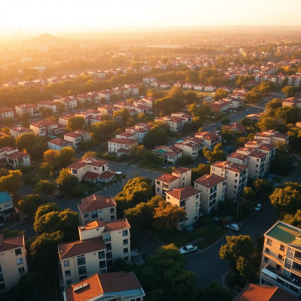 Vista aérea de bairro residencial brasileiro ao entardecer.