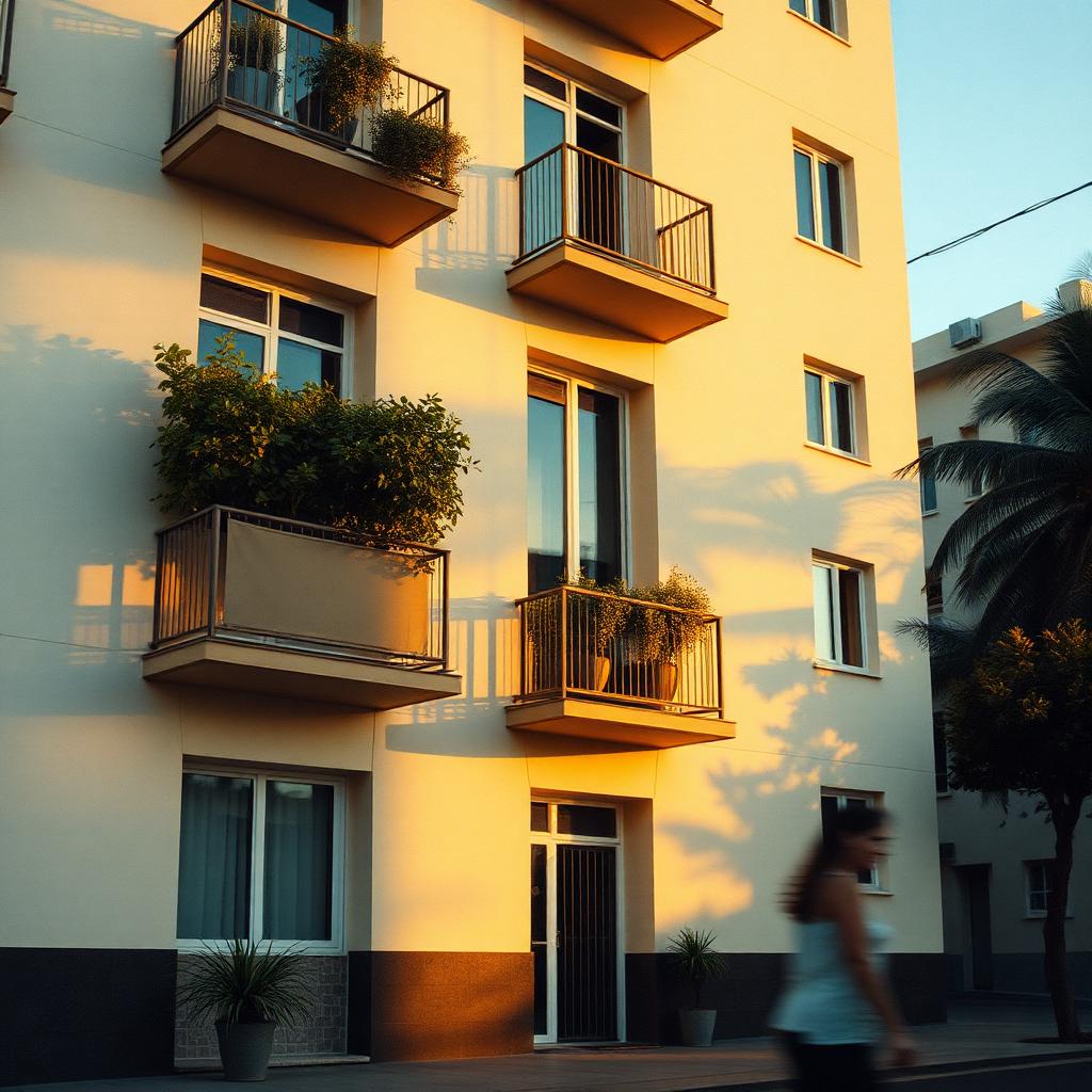 Fachada de edifício residencial brasileiro ao entardecer com pessoa passando.
