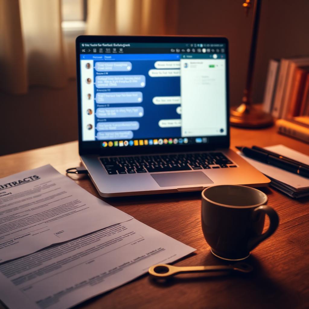 Mesa de trabalho com laptop, contratos e xícara de café à luz quente.