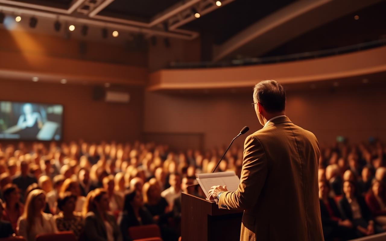 Palestrante em palco de auditório com plateia cheia em evento corporativo brasileiro.